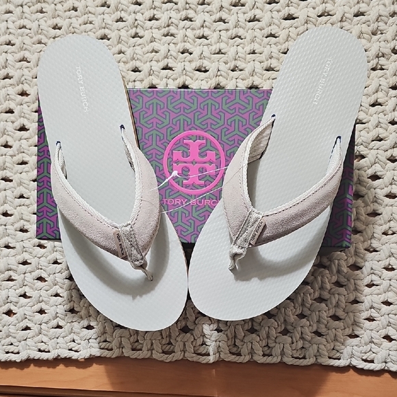 70's Platform Flip Flops Tory Burch Calcare/Sterling Gray / Rainbow Size 10 New - Picture 2 of 9